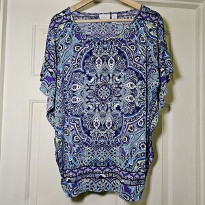 Chico's Women's Stretch Tunic Top Scarf Print Purple Blue Lime Geo 2 Large